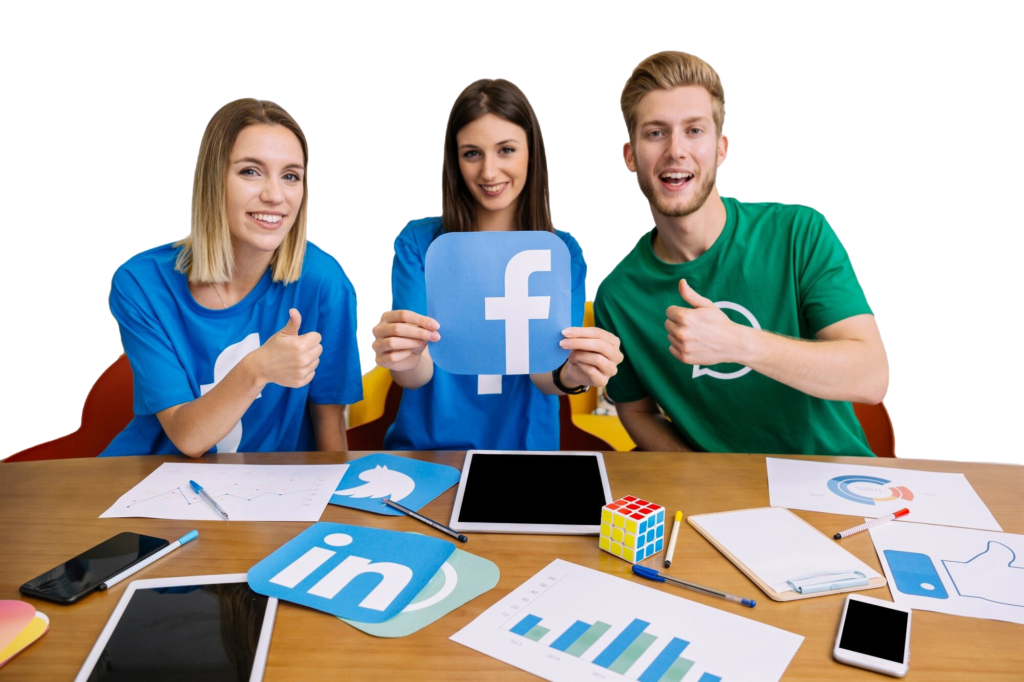 smiling woman holding facebook logo with his friends showing thumbup sign