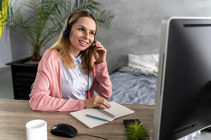 woman with headset working computer 23 2148893838